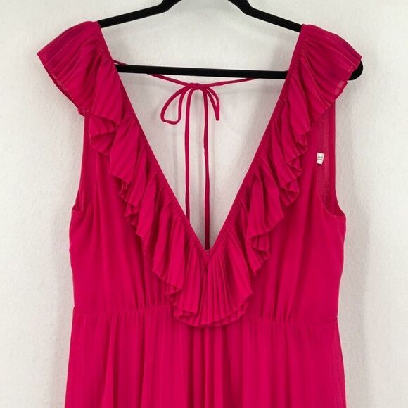 Zara Fushia Pink Plunge V Neck Tie Back Sleeveless Pleated Maxi Dress Medium - Picture 3 of 13